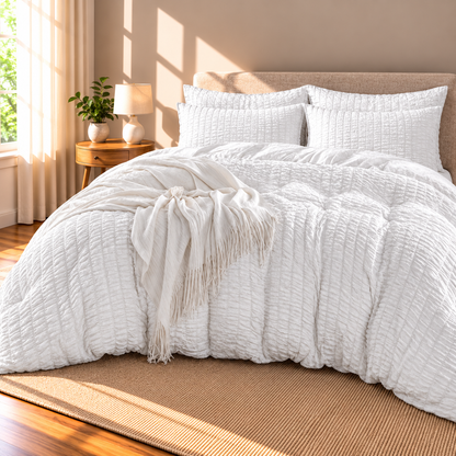 Seersucker Textured Duvet Cover Set, White