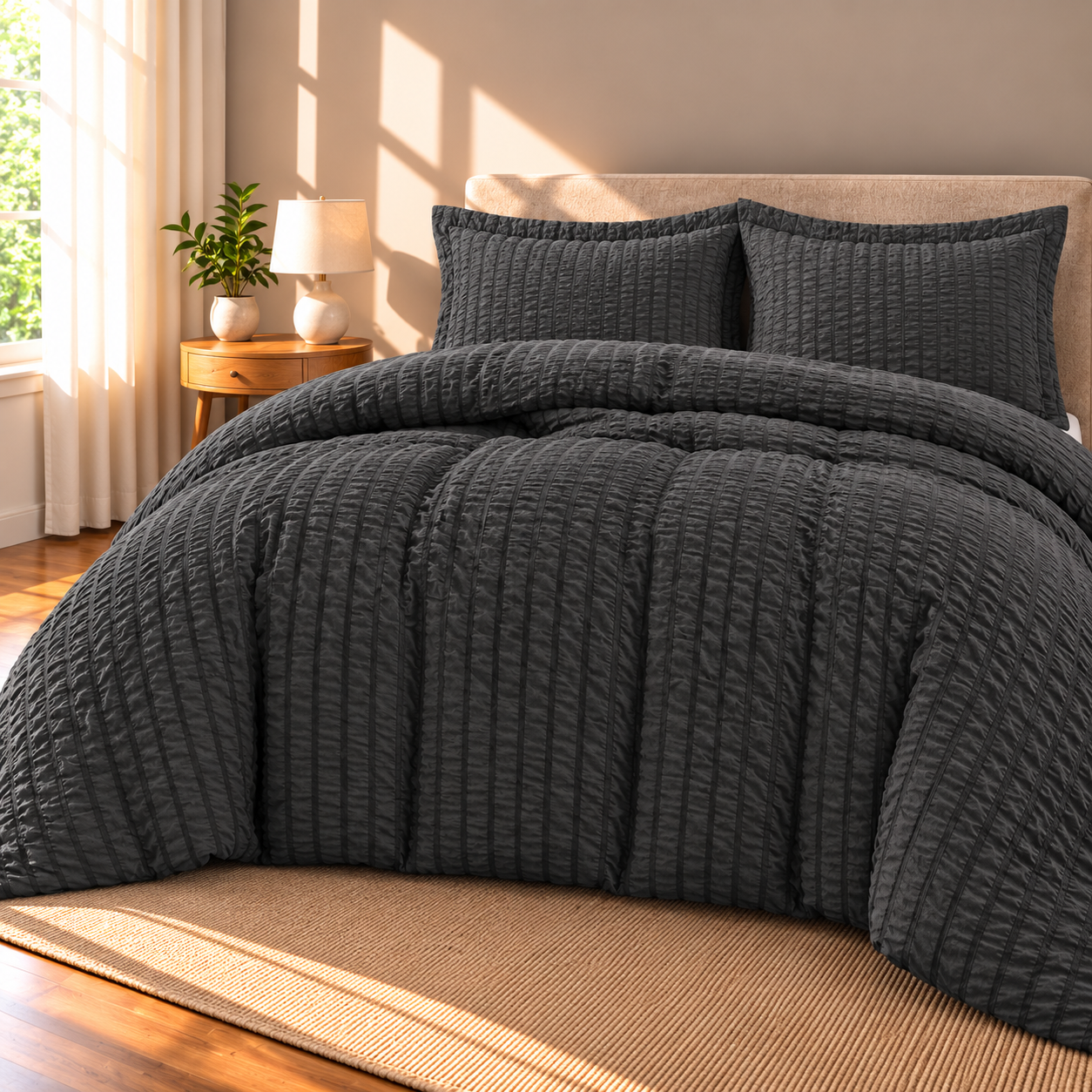 Seersucker Textured Duvet Cover Set, Dark Grey
