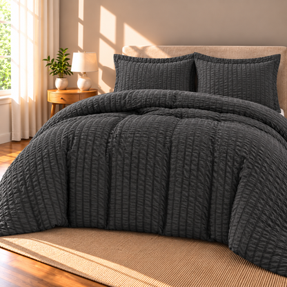 Seersucker Textured Duvet Cover Set, Dark Grey