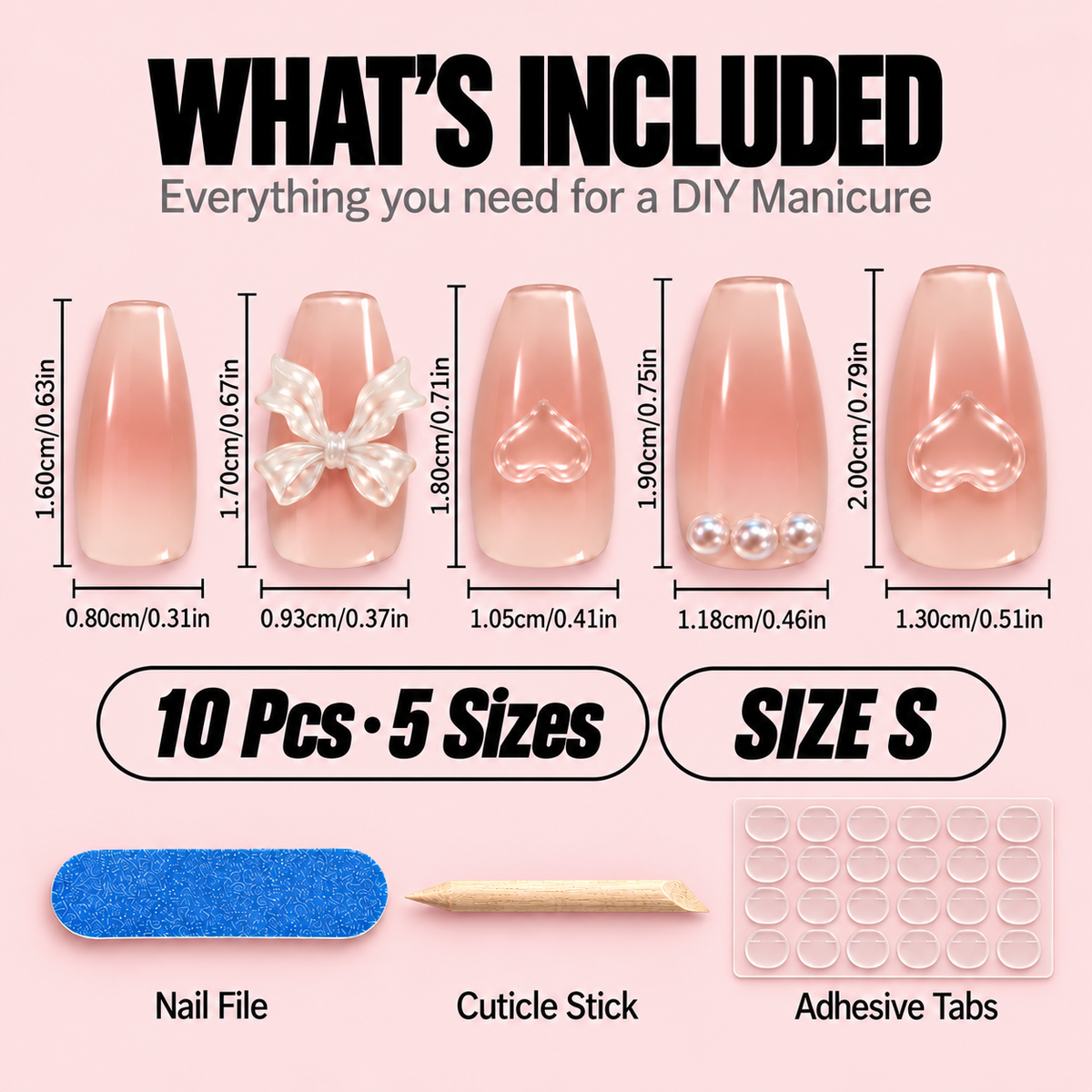 Pink Gradient Press-On Nails – Bows & Hearts, 10pcs – size chart S
