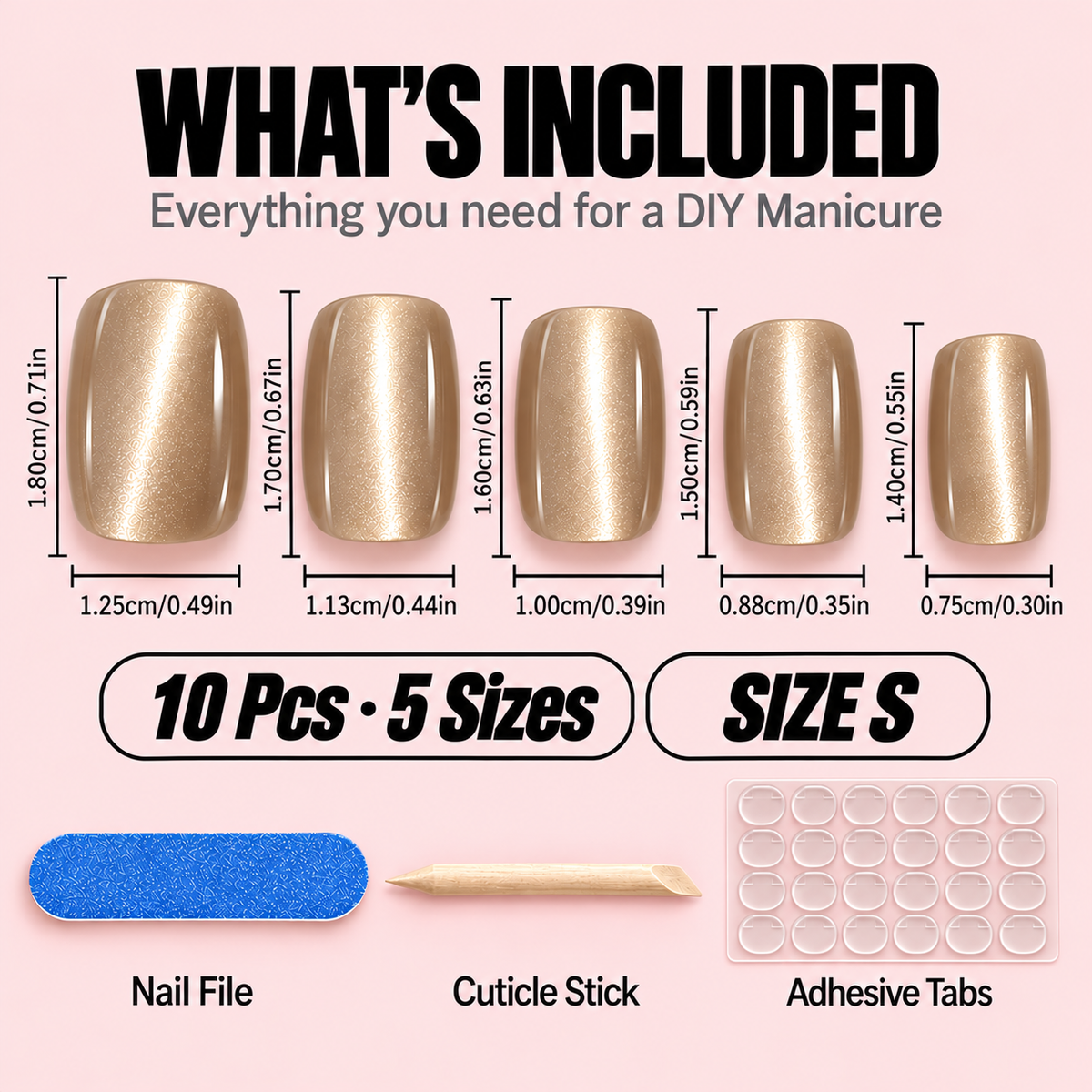 Blush Milk Tea Cat Eye Press-On Nails – 10pcs – size chart S