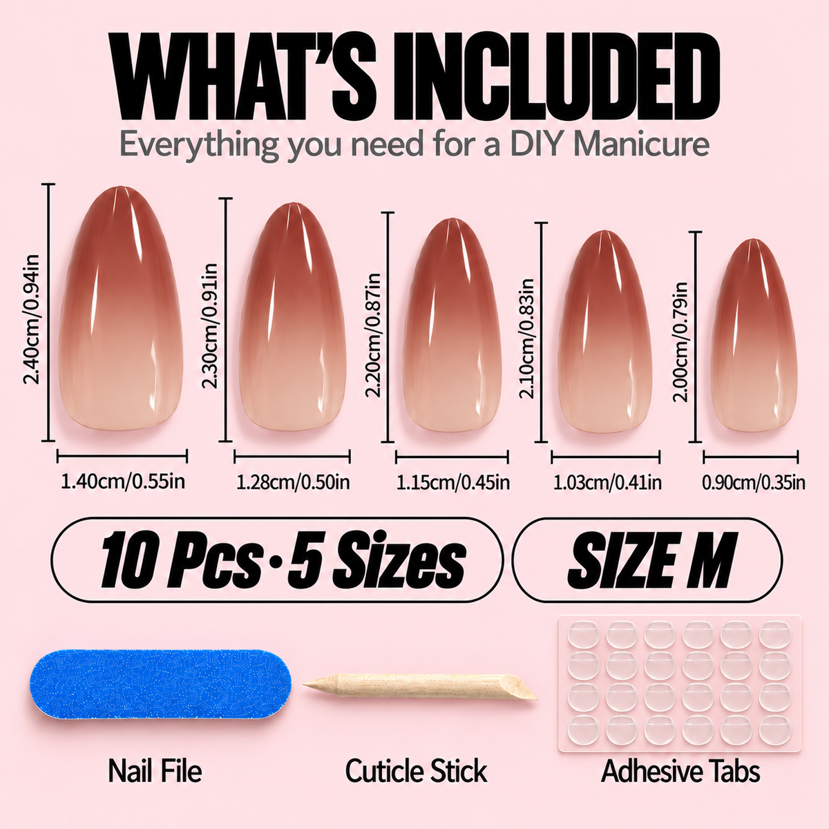 Pink Gradient Press-On Nails – Luxury Style, 10pcs – size chart M