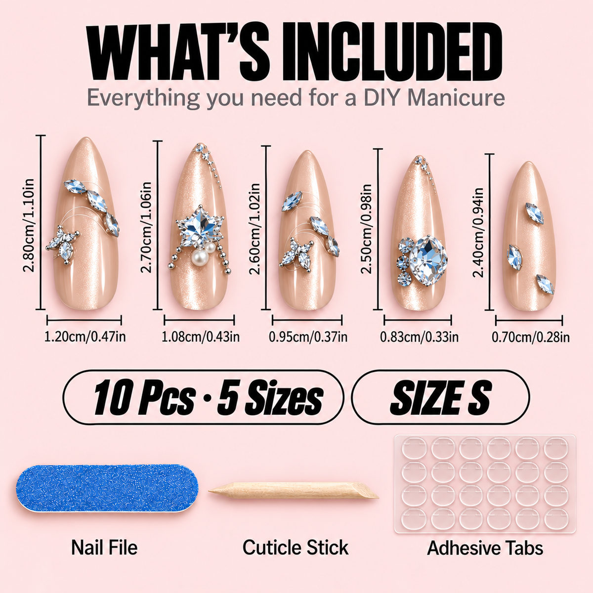 Nude Crystal Press-On Nails – Butterfly Charm, 10pcs – size chart S