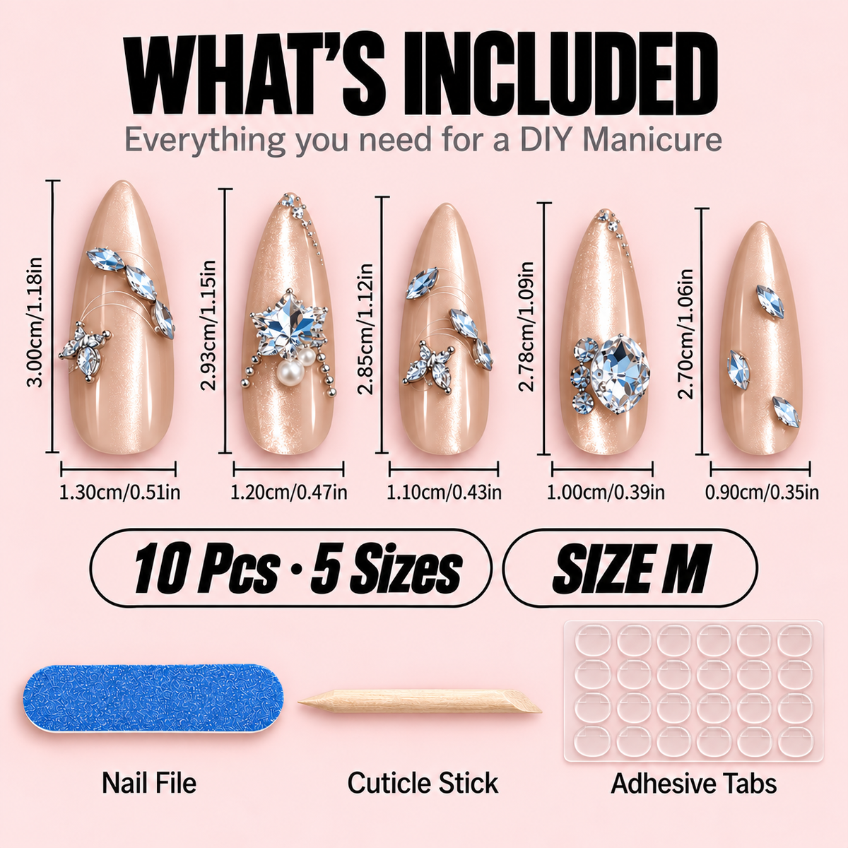 Nude Crystal Press-On Nails – Butterfly Charm, 10pcs – size chart M