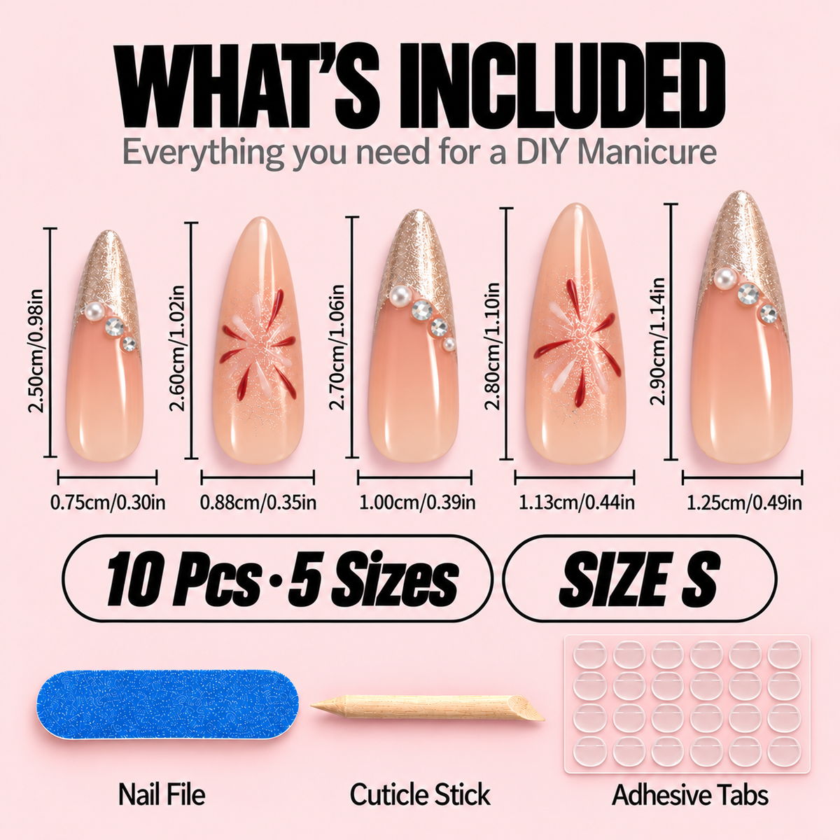 Silver French Tip Press-On Nails – Flower Design, 10pcs – size chart S