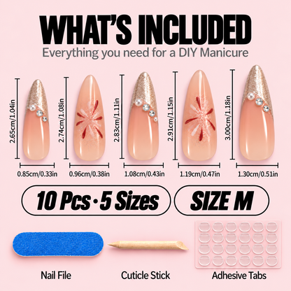 Silver French Tip Press-On Nails – Flower Design, 10pcs – size chart M