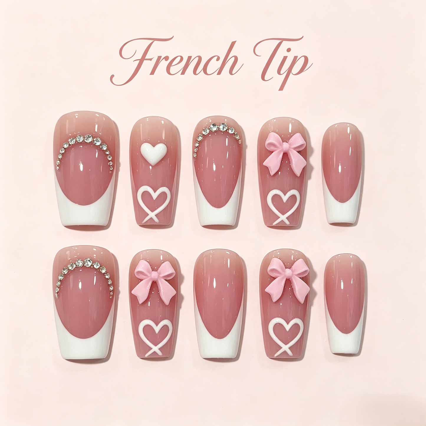 Pink French Tip Press-On Nails – Bows & Hearts, 24pcs