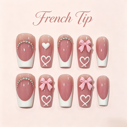 Pink French Tip Press-On Nails – Bows & Hearts, 24pcs