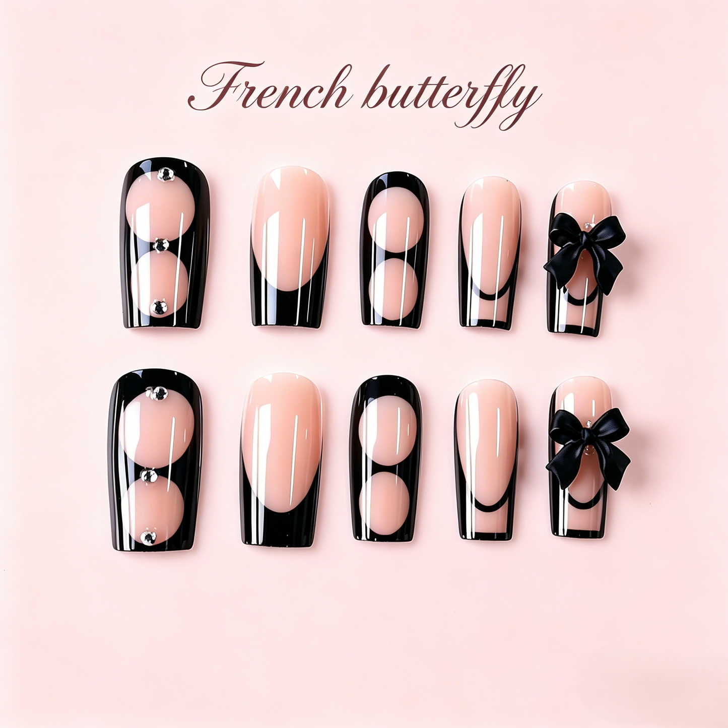 Black French Tip Press-On Nails – Bow Design, 24pcs