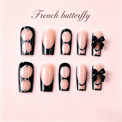 Black French Tip Press-On Nails – Bow Design, 24pcs