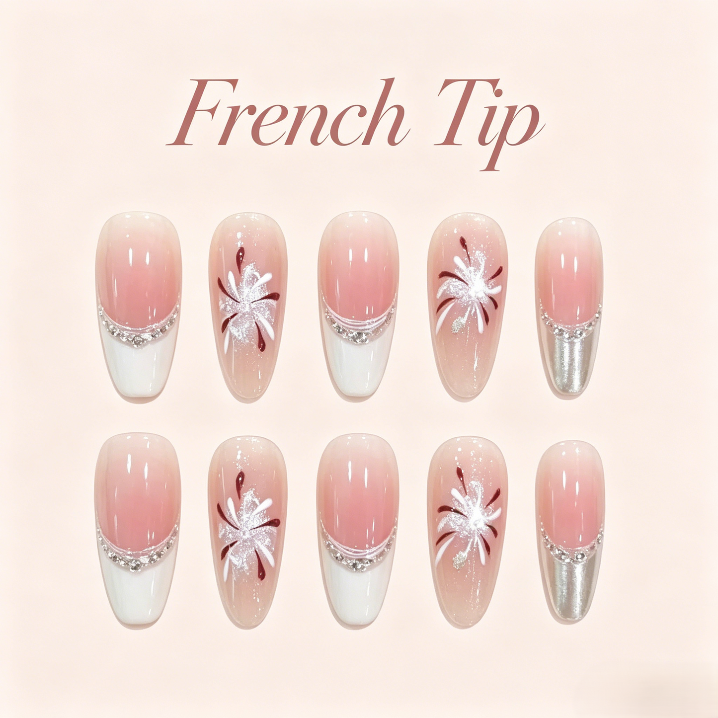 Silver French Tip Press-On Nails – Flower Design, 10pcs