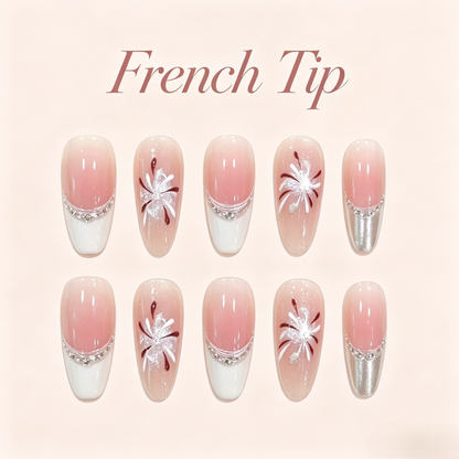 Silver French Tip Press-On Nails – Flower Design, 10pcs