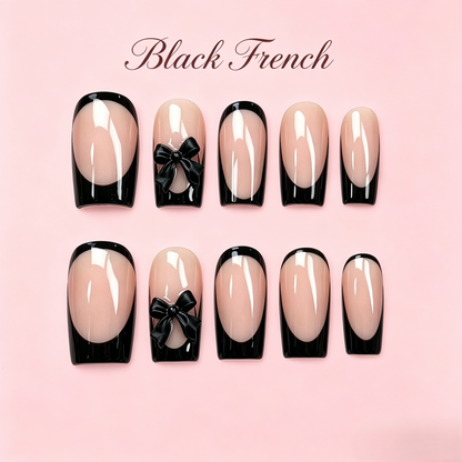 Black French Tip Press-On Nails – 3D Bows, 24pcs