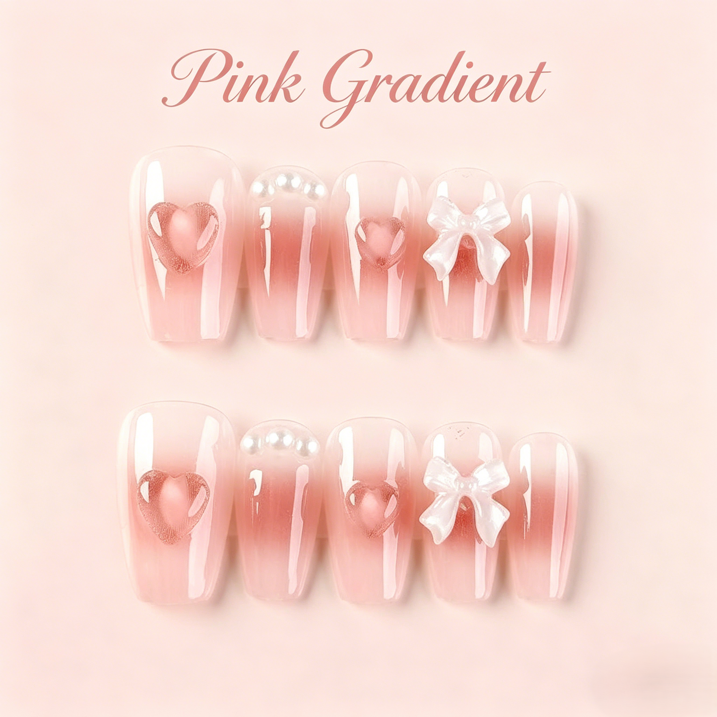 Pink Gradient Press-On Nails – Bows & Hearts, 10pcs