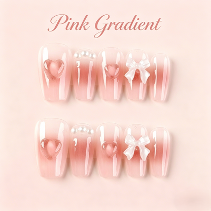 Pink Gradient Press-On Nails – Bows & Hearts, 10pcs