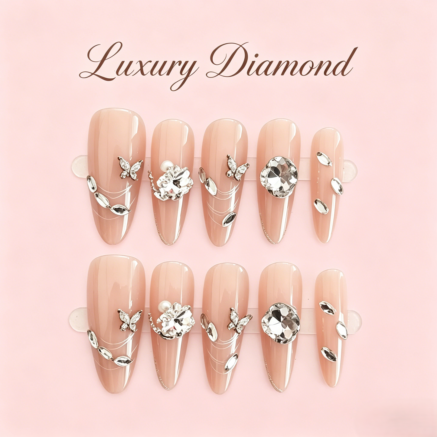 Nude Crystal Press-On Nails – Butterfly Charm, 10pcs