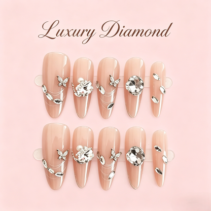 Nude Crystal Press-On Nails – Butterfly Charm, 10pcs