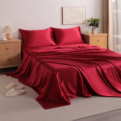 Wine Red Satin Sheet Set – Deep Pocket
