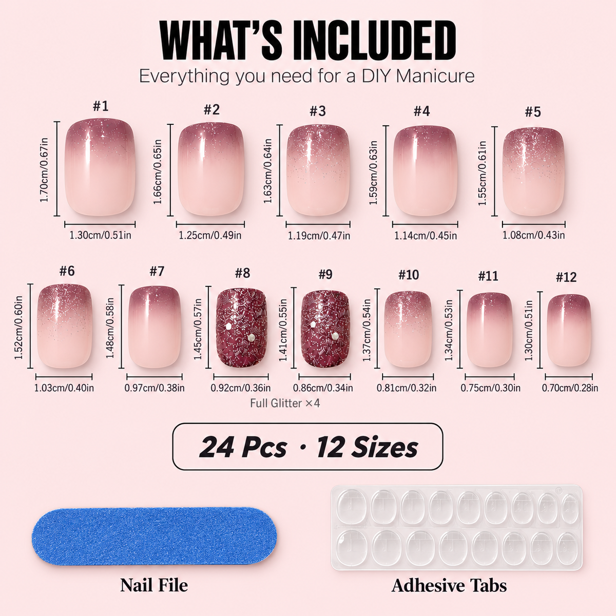 Pink Glitter Gradient Press-On Nails – 24pcs – sizechart