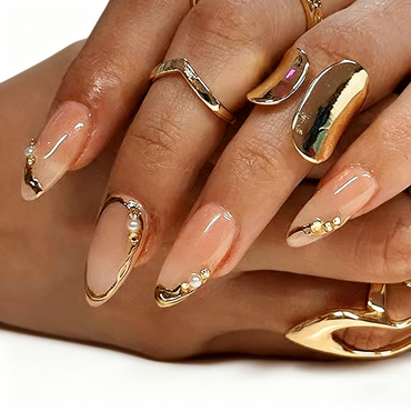 French Tip Press-On Nails – Gold Line Almond, 24pcs
