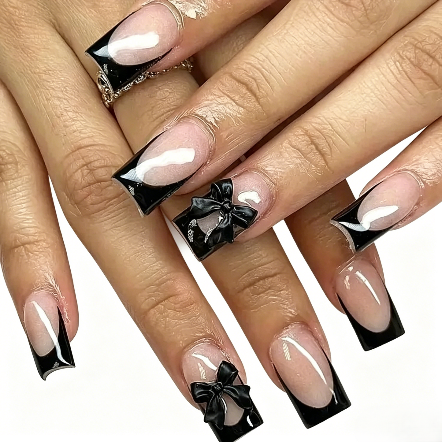 Black French Tip Press-On Nails – 3D Bows, 24pcs