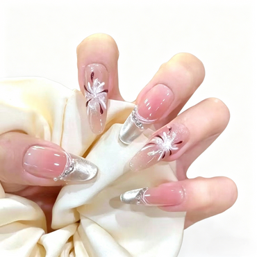 Silver French Tip Press-On Nails – Flower Design, 10pcs