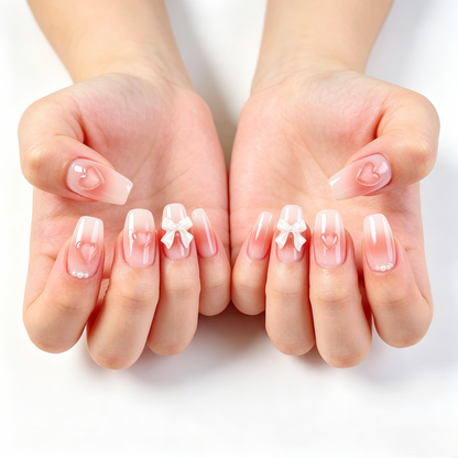 Pink Gradient Press-On Nails – Bows & Hearts, 10pcs