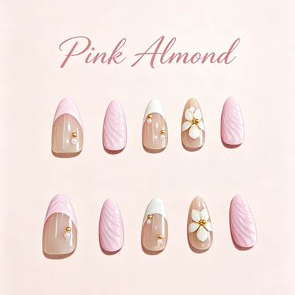 3D Pink French Tip Press-On Nails – Almond, 30pcs