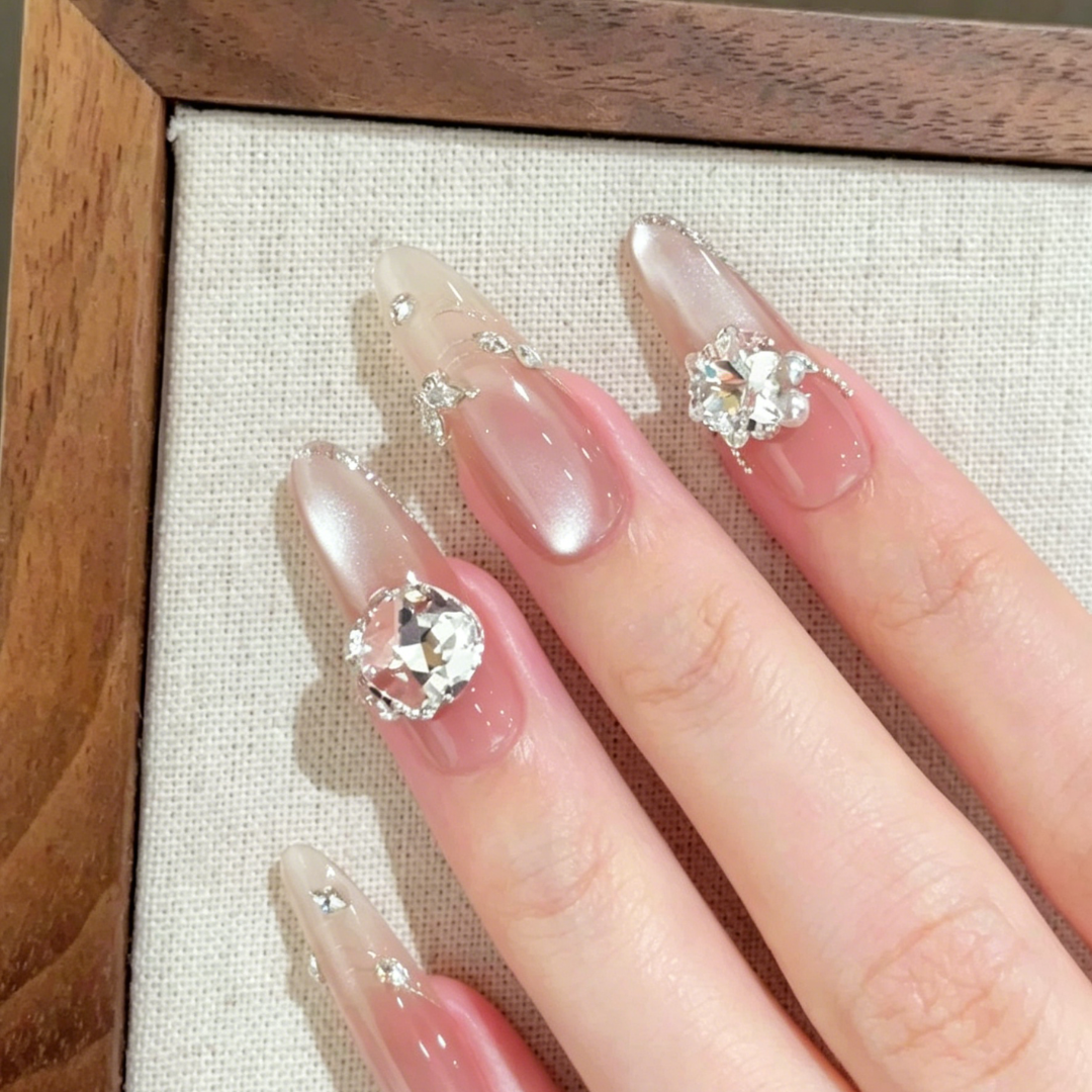 Nude Crystal Press-On Nails – Butterfly Charm, 10pcs