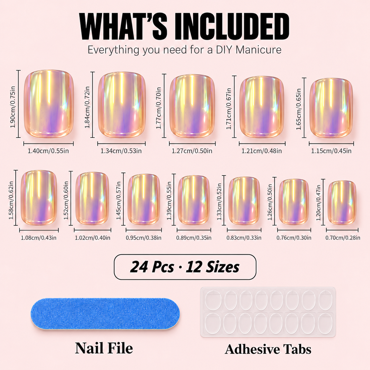 Aurora Chrome Press-On Nails – Glossy Short Square, 24pcs