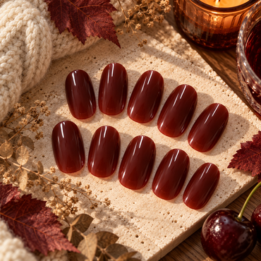 Deep Burgundy Press-On Nails – Glossy Short Oval, 24pcs