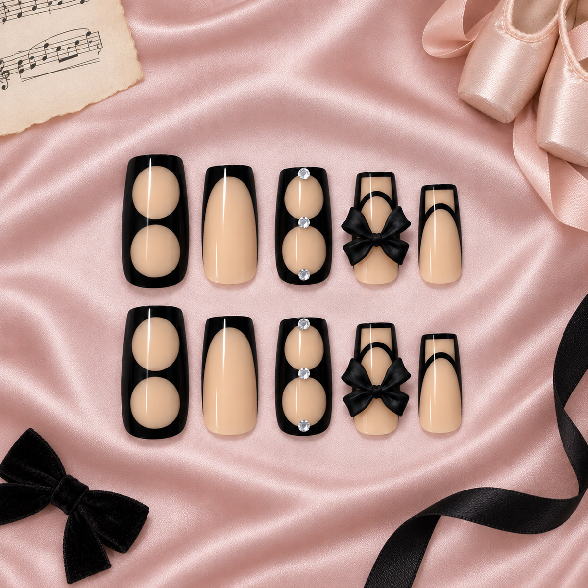 Black French Tip Press-On Nails – Bow Design, 24pcs