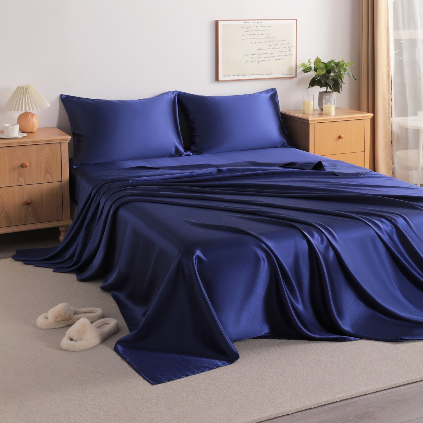 Navy Blue Satin Sheet Set – Deep Pocket