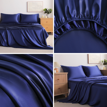 Navy Blue Satin Sheet Set – Deep Pocket