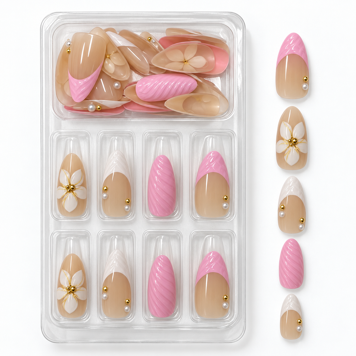 3D Pink French Tip Press-On Nails – Almond, 30pcs