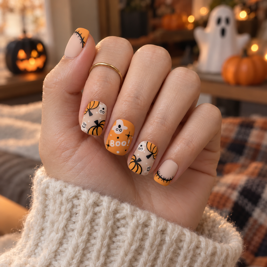 Halloween Pumpkin and Boo Press-On Nails – Nude Square, 24pcs