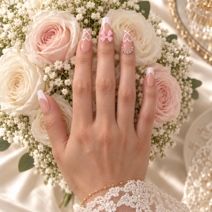 Pink French Tip Press-On Nails – Bows & Hearts, 24pcs