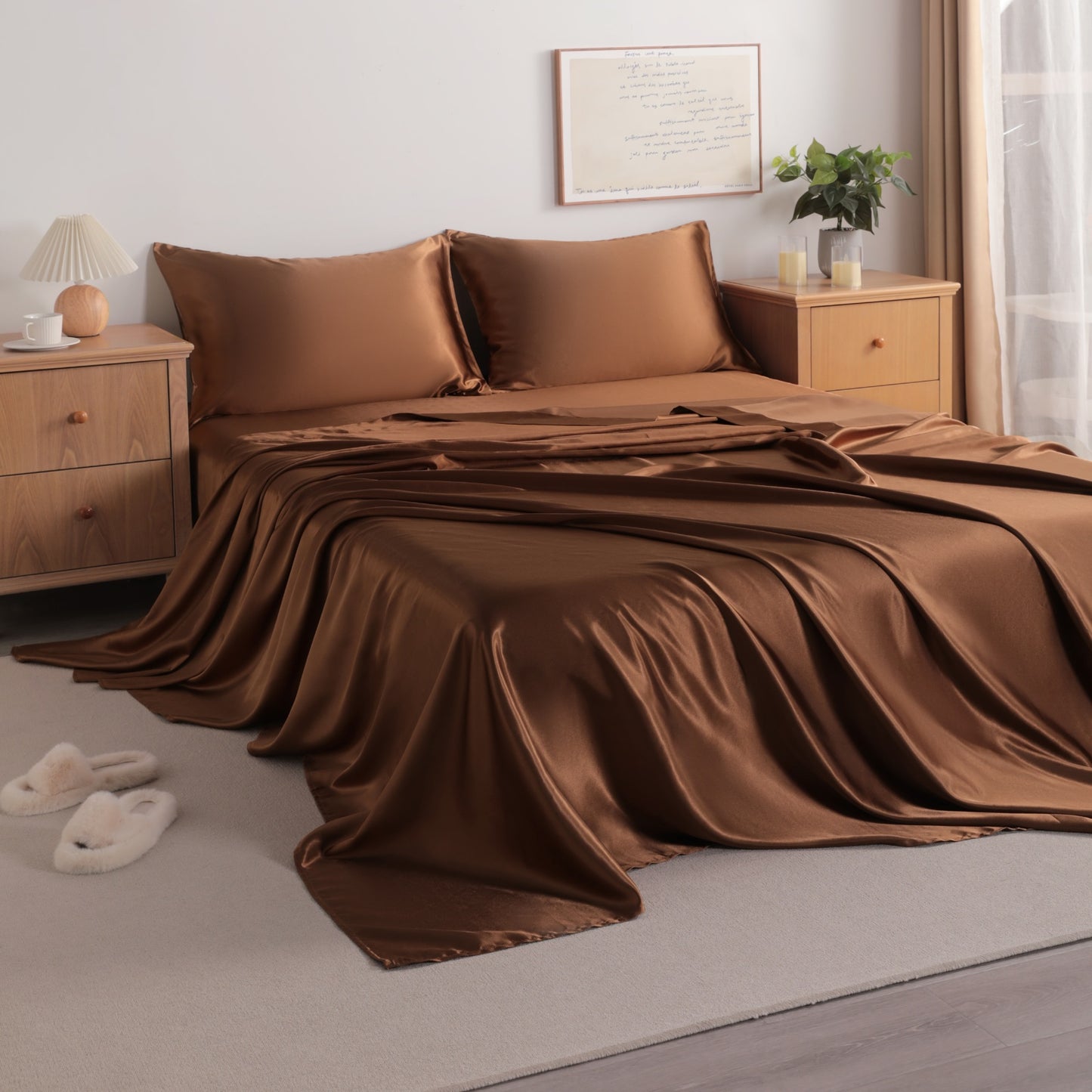 Coffee Satin Sheet Set – Deep Pocket