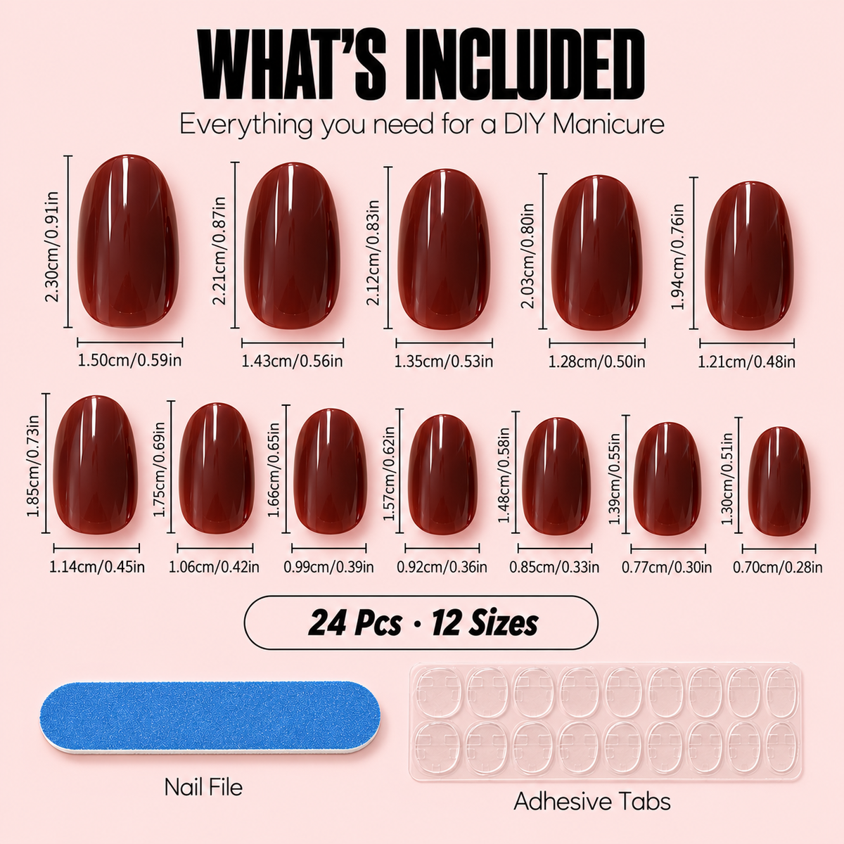 Deep Burgundy Press-On Nails – Glossy Short Oval, 24pcs