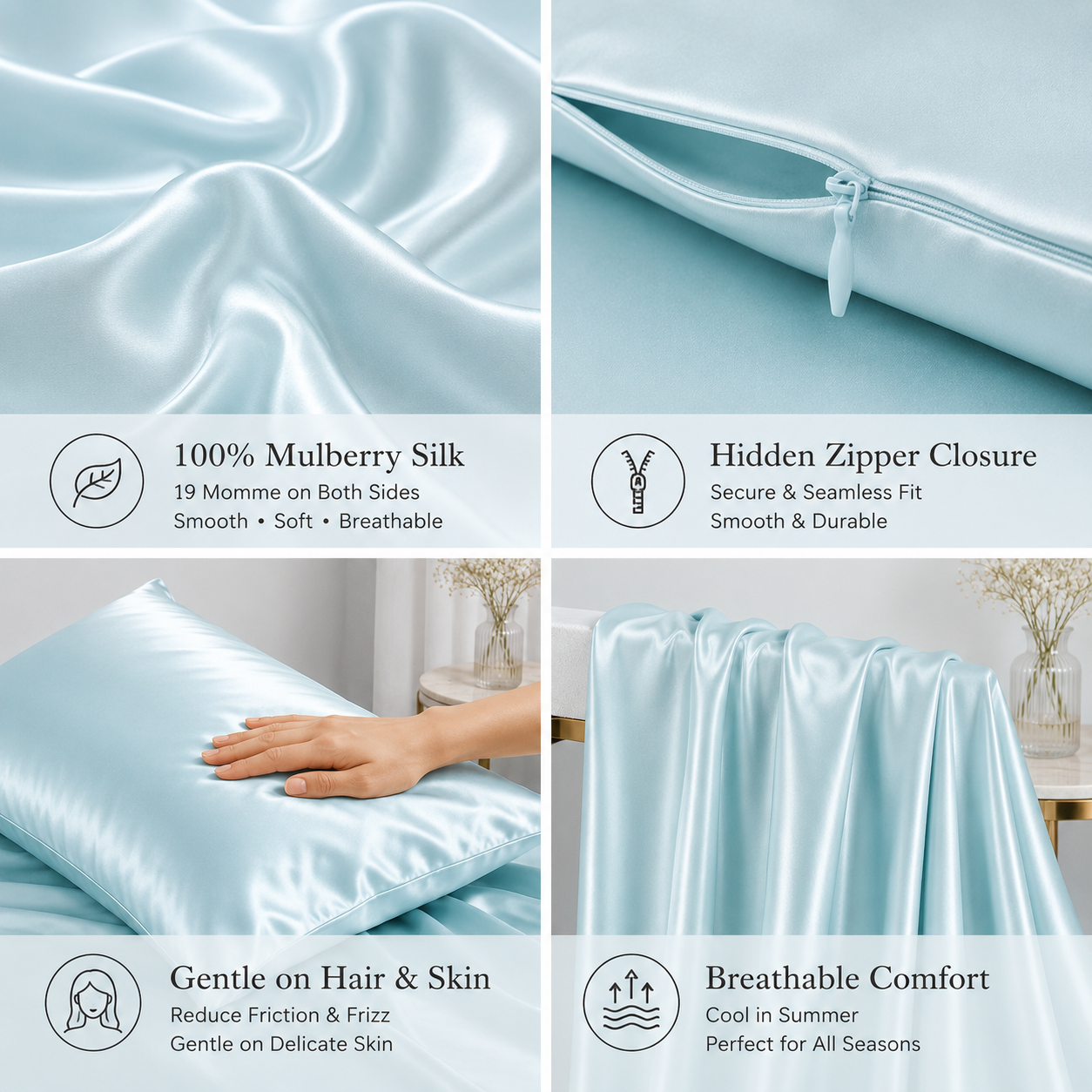 Mulberry Silk Pillowcase with Zipper – Sky Blue (1 Pack)