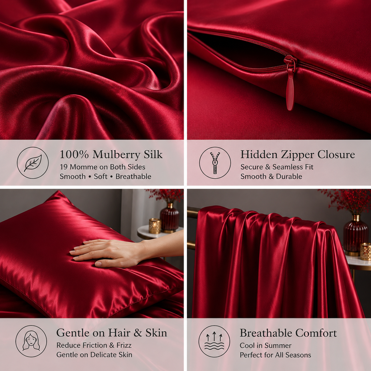 Mulberry Silk Pillowcase with Zipper – Wine Red (1 Pack)