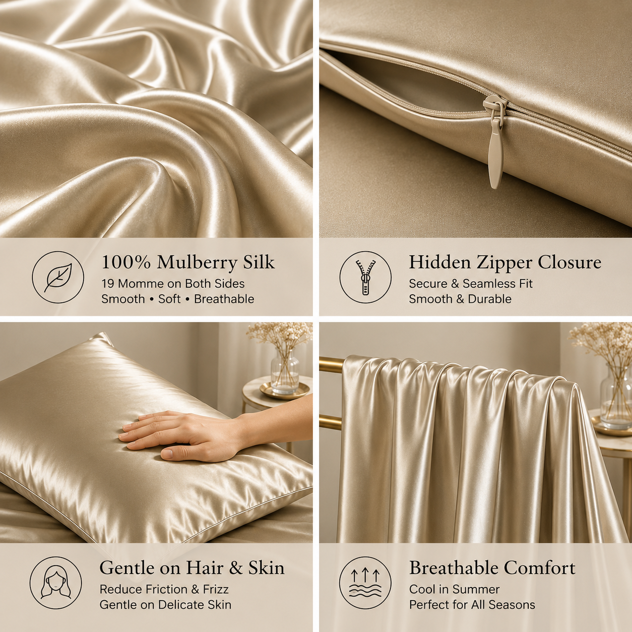Mulberry Silk Pillowcase with Zipper – Champagne (1 Pack)