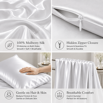 Mulberry Silk Pillowcase with Zipper – White (1 Pack)