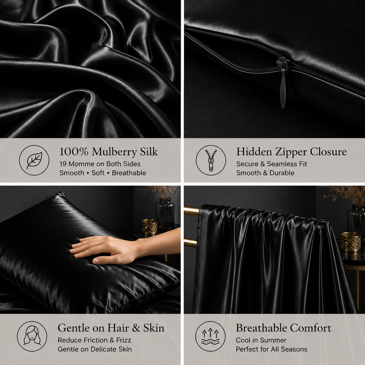 Mulberry Silk Pillowcase with Zipper – Black (1 Pack)