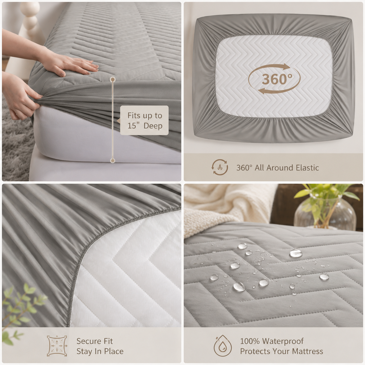 Waterproof Quilted Mattress Protector – Gray