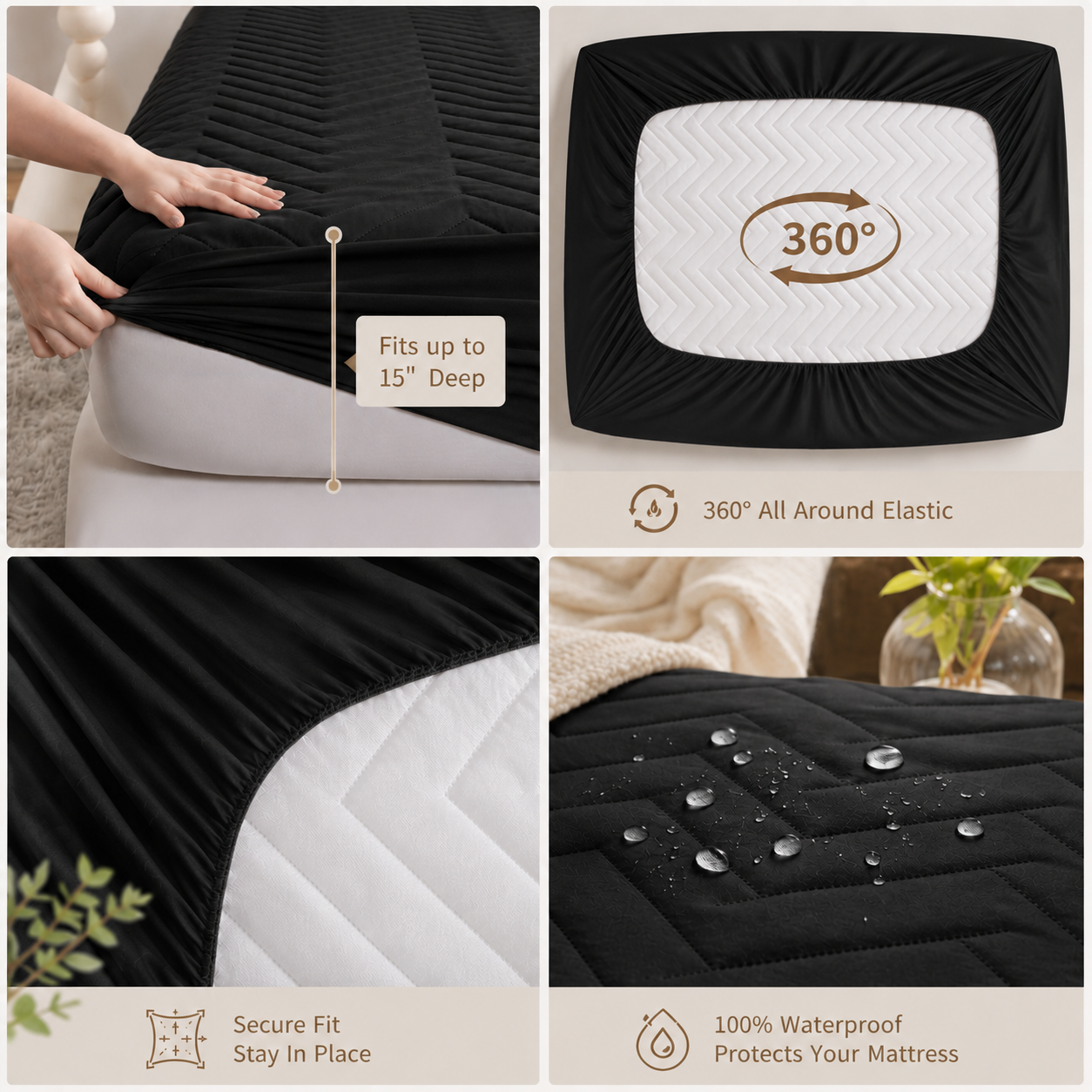 Waterproof Quilted Mattress Protector – Black