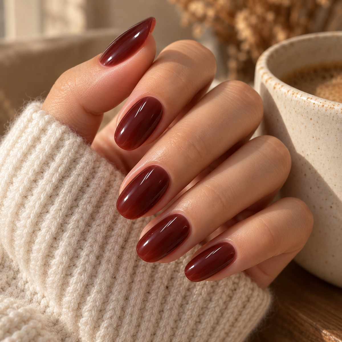 Deep Burgundy Press-On Nails – Glossy Short Oval, 24pcs