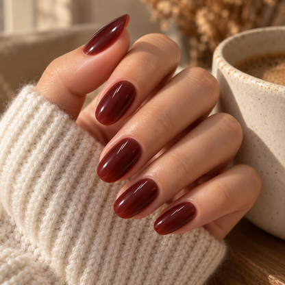 Deep Burgundy Press-On Nails – Glossy Short Oval, 24pcs