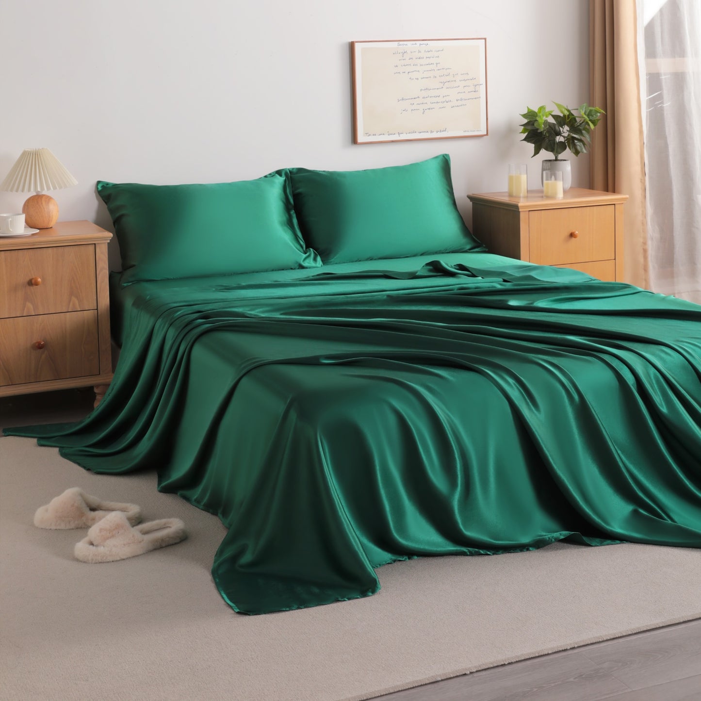 Dark Green Satin Sheet Set – Deep Pocket