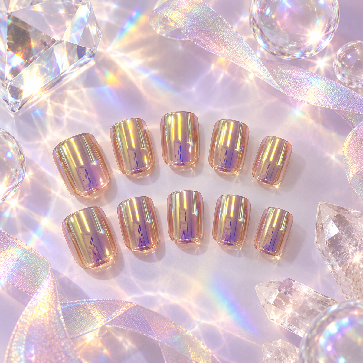Aurora Chrome Press-On Nails – Glossy Short Square, 24pcs